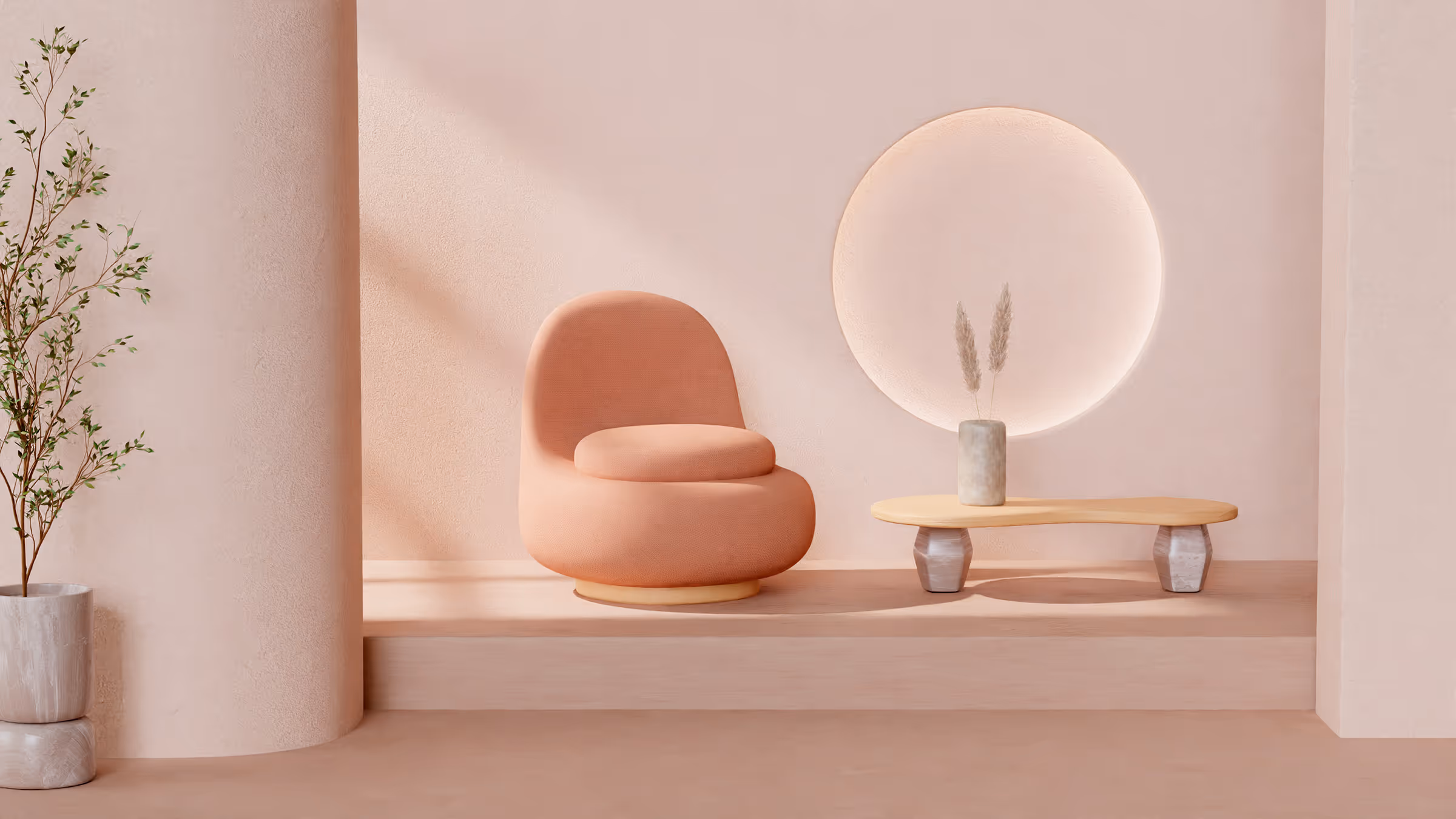 Cantinho de estar minimalista com poltrona arredondada e mesa lateral escultural em tons suaves