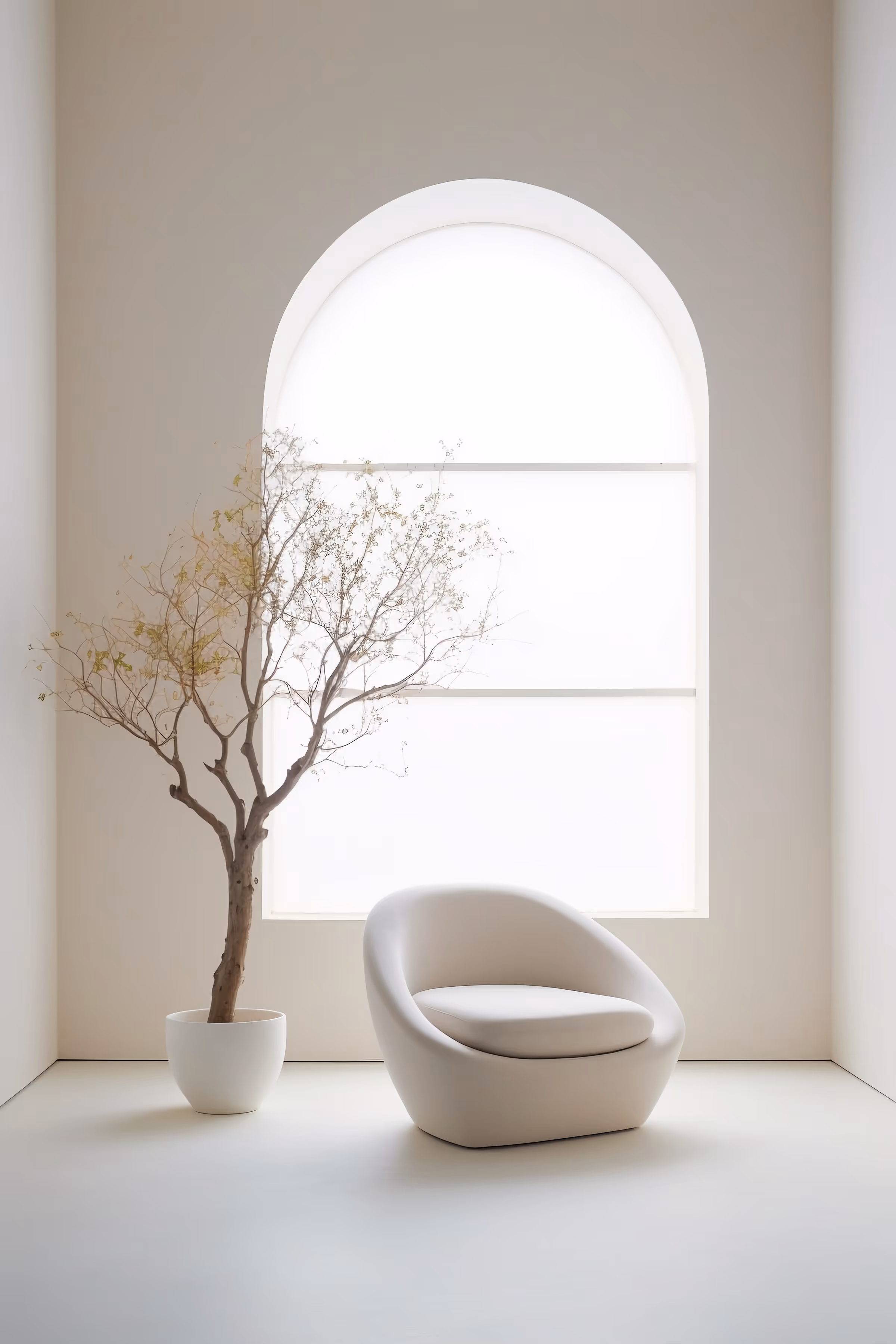 Ambiente minimalista com poltrona branca curva e árvore em vaso junto a janela em arco